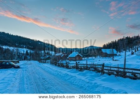 Daybreak Sunrise Morning Winter Mountain Village Snow Covered Street (ukraine, Carpathian Mountains,