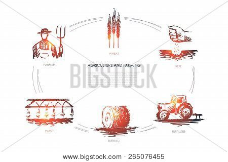 Agriculture And Farming - Farmer, Soil, Wheat, Plant, Harvest, Fertilizer Vector Concept Set. Hand D