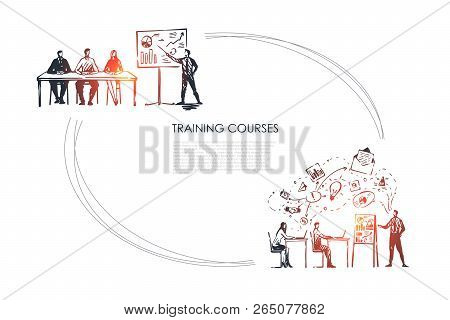 Training Courses - Students Listening To Presentation And Sitting In Classrom Vector Concept Set. Ha
