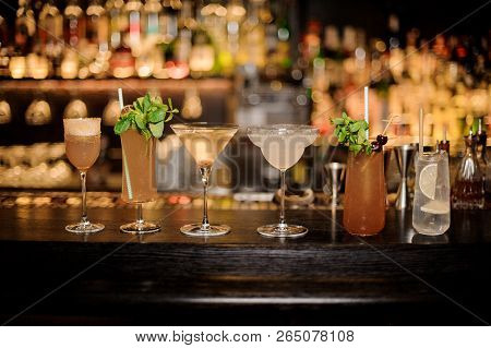 Set Of Classic Cocktails: Dirty Martini, Sherry Cobbler, Brandy Crusta, Margarita, Cobras Fang And T