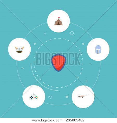 Set Of Game Icons Flat Style Symbols With Medieval Barracks, Kalashnikov, Joystick And Other Icons F