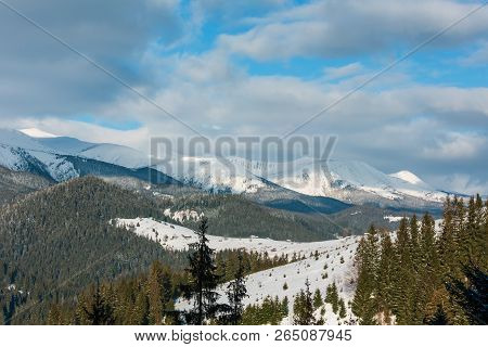Morning Winter Snow Covered Scenery Picturesque Alp Mountain Ridge (ukraine, Carpathian Mountains, C