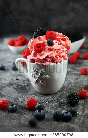 Healthy Homemade Raw Vegan Banana And Berry Ice Cream (icecream, Nicecream) Topped With Organic Blac
