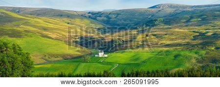 Panorama Of Beautiful Landscape Of Scotland, Corgarff Castle In Cairngorms National Park 