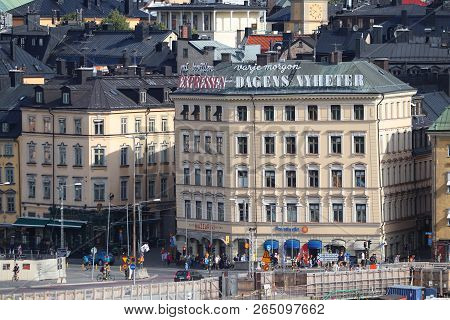 Stockholm, Sweden - August 23, 2018: Expressen And Dagens Nyheter Advertisements Atop A Building In 
