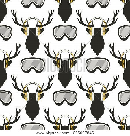 Christmas Deer Pattern. Funny Reideer In Headphones And Ski, Snowboard Goggles. Xmas Winter Seamless