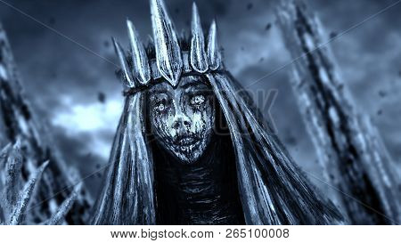 Dark Queen With Crown Pulls Bony Hand. Fantasy Illustration. Blue Background Color.