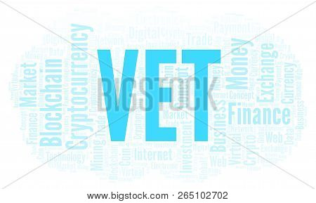 Vet Or Vechain Cryptocurrency Coin Word Cloud. Word Cloud Made With Text Only.