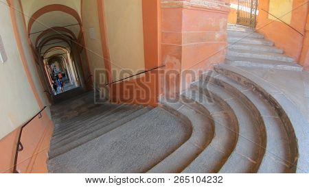 Bologna, Italy - September 29, 2018: The Stairway With Cross Of The San Luca Sanctuary Archway On Bo