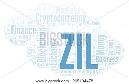 Zil Or Zilliqa Cryptocurrency Coin Word Cloud. Word Cloud Made With Text Only.
