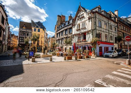 Cozy Square With Beautiful Buildings And Cafes In Rouen City, The Capital Of Normandy Region In Fran