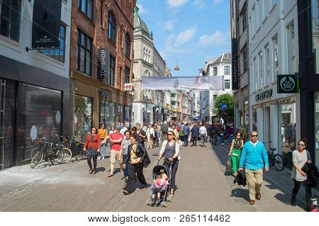Copenhagen, Denmark - June 14, 2018: People At Stroget Street - Copenhagen Central Shopping Street. 