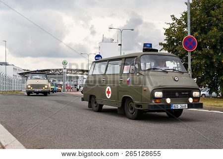 Vrchlabi, Czech Republic - August 25 2018: Vintage Car Skoda 1203 Ambulance Oldsmobile Veteran Leavi