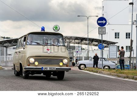 Vrchlabi, Czech Republic - August 25 2018: Vintage Car Skoda 1203 Ambulance Oldsmobile Veteran Leavi
