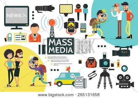 Flat Mass Media Infographic Template With Reporter Id Card Microphones News Car Cameras Dictaphone N