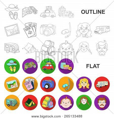 Family Holiday Flat Icons In Set Collection For Design. Recreation And Equipment. Vector Symbol Stoc
