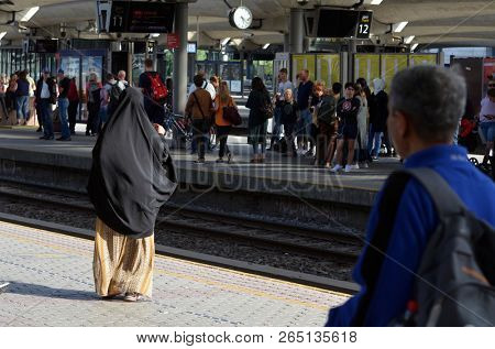 Platform and train view on Oslo central station. Oslo Central Station (Sentralstasjon) is main railway station in Oslo. June 17. 2018. Oslo,Norway