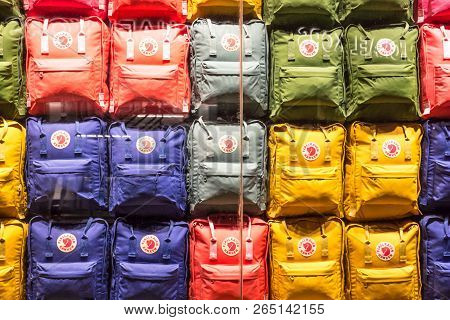 Oslo, Norway 25 August 2018, Showcase In The Official Store Of Backpacks Fjallraven Kanken