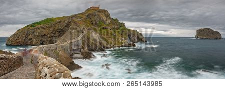 San Juan De Gaztelugatxe Church With Silk Ocean Wide Panorama