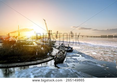 Saint-petersburg.russia.6 April 2018. Cranes  And Ships In The Marine Cargo Port Of Saint-petersburg