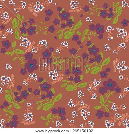 Natural Color Flowers Seamless Pattern. Vector Folk Background For Prints, Wrapping, Texlile
