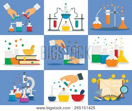 Chemistry Reaction Banner Set. Flat Illustration Of Chemistry Reaction Banner Set For Web Design