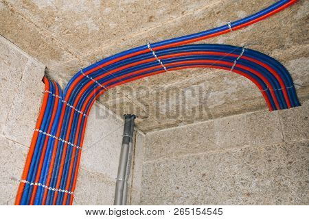 pipelines of undefloor heating sysytem in boiler room