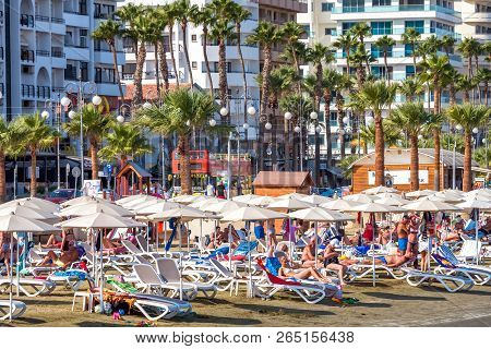 Larnaca, Cyprus - October 06, 2018: Larnaca Seafront, Beach And Hotels.