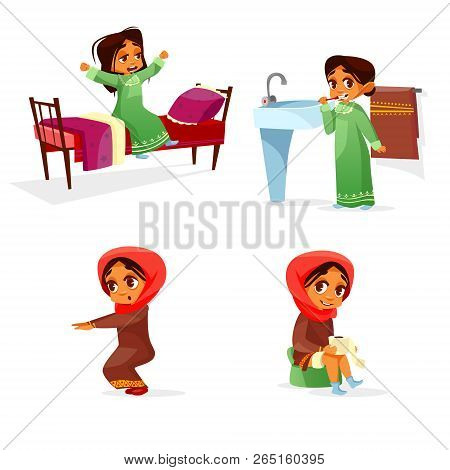 Cartoon Arab Girl Morning Routine Activiti Set. Female Muslim Khaliji Characters Hijab Wake Up Stret