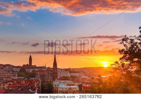 Scenic Aerial View Of The Old Town With Oscar Fredrik Church In The Gorgeous Sunset, Gothenburg, Swe