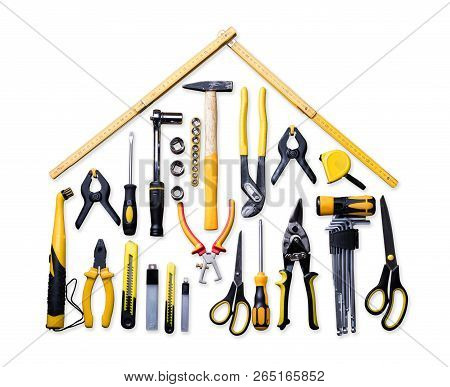 High Angle View Of Various Worktools On White Background