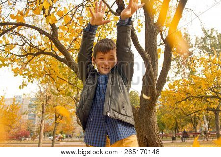 Happy boy have fun in the autumn park, throw up leaves, smie and laugh
