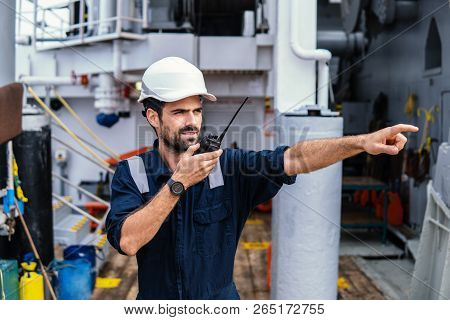 Marine Deck Officer Or Chief Mate On Deck Of Vessel Or Ship