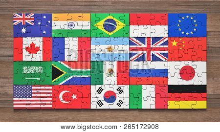 Flags Of The G20 Member Countries In The Form Of Puzzle Pieces. 3d Illustration.