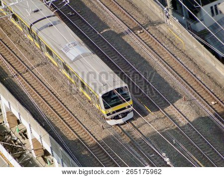 2017 January 28. Ichikawa Chiba Japan. Aerial View Of Running Jr Sobu Line From Shinjuku To Chiba Ar