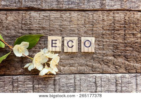 Inscription Eco Letters Word Jasmine Flower On Old Rustic Wooden Backdrop. Eco Village Abstract Envi