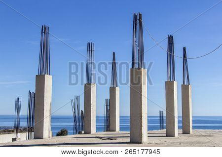 Reinforcement Installation, Pouring Of Concrete Against The Blue Sky