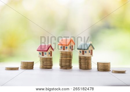 Mini House On Stack Of Coins, Real Estate Investment, Save Money With Stack Coin, Business Growth In
