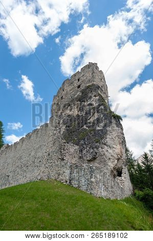 Remains Of The Olld Ruined Castle Andraz In The Italian Dolomite Mountains. Summer Afternoon Of 2018