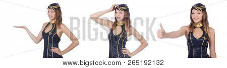 Young airhostess holding hands isolated on white