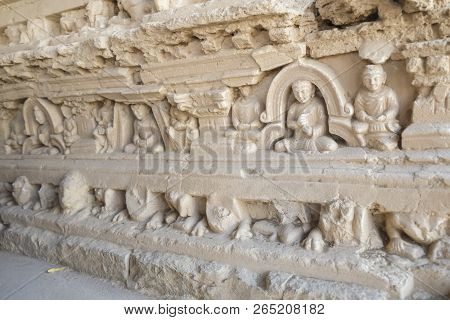 Bas-relief Of Buddha And Monks On The Stupa At Jaulian Monastery, Taxila.