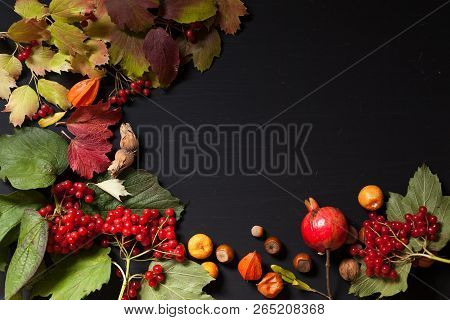 Yellow Autumn Leaves Fruit Pomegranate Nuts On A Black Background