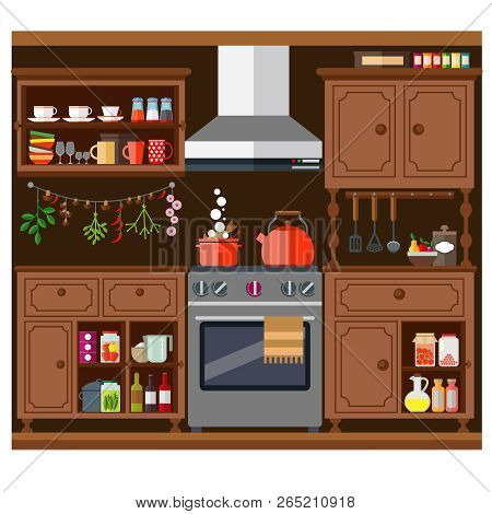 Old Kitchen With Buffet, Gas Stove And Kitchen Cabinets. Vector Illustration On The Theme Of Home In