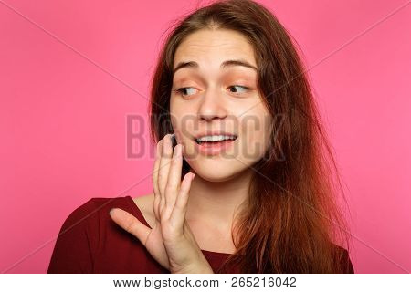 No, Thanks. Denial And Refusal. Young Beautiful Woman Rejecting Smth With A Hand. Cute Girl Portrait