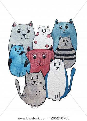 Watercolor Illustration Of Bright Cute Cats. Cartoon Characters.