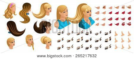 Isometric Create Emotions For Your Character, Young Girl. Set Beautiful Hairstyles And Emotions, Sad