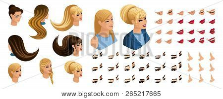 Isometric Create Emotions For Your Character, Young Girl. Set Beautiful Hairstyles And Emotions, Sad