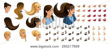 Isometric Create Emotions For Your Character, Young Girl. Set Beautiful Hairstyles And Emotions, Sad