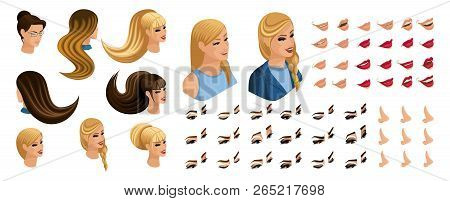 Isometric Create Emotions For Your Character, Young Girl. Set  Beautiful Hairstyles And Emotions, Sa