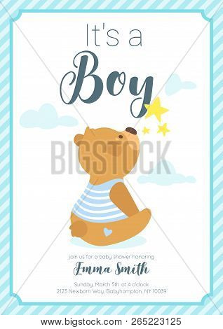 Vector Cartoon Style Illustration Of Baby Shower Invitation. Baby Boy Celebration Greeting Card Temp